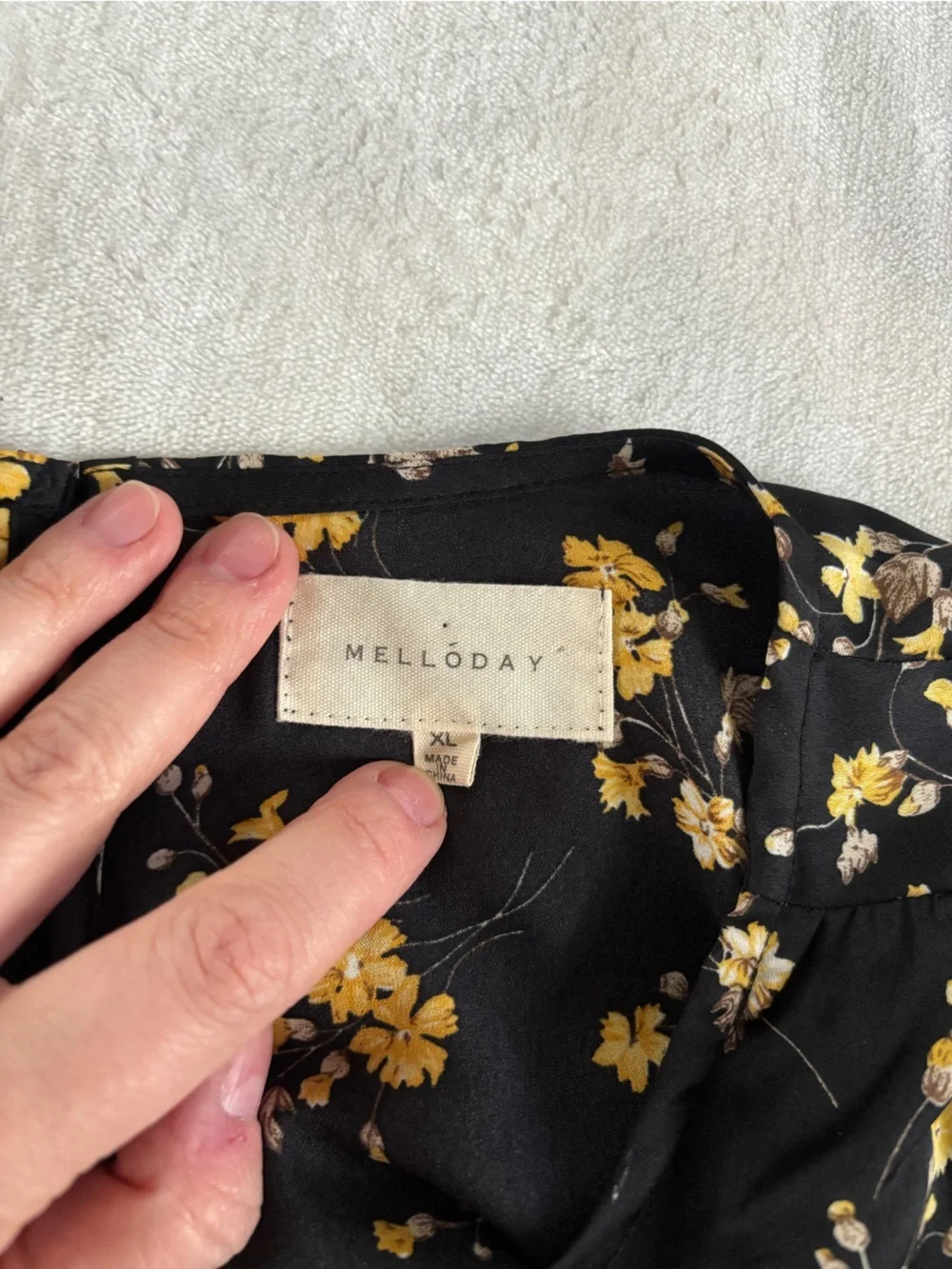 Melloday Black Yellow Floral Ruffle Blouse XL Smocked Waist Long Sleeve Top
